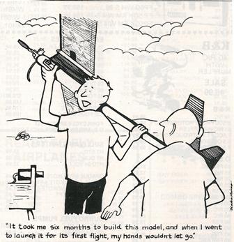 A builder has managed to glue his hands to his model.  (Source: National Model Aviation Museum Library. [“Too Much Glue,” Model Aviation, October 1984, pg. 173.])