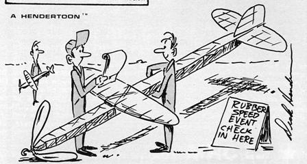 A guy built a very long rubber-powered free flight airplane in an attempt to win a rubber speed event, 1980. (Source: National Model Aviation Museum Library [A Hendertoon, “Rubber Speed Event,” Model Aviation, December 1980, pg. 127.])