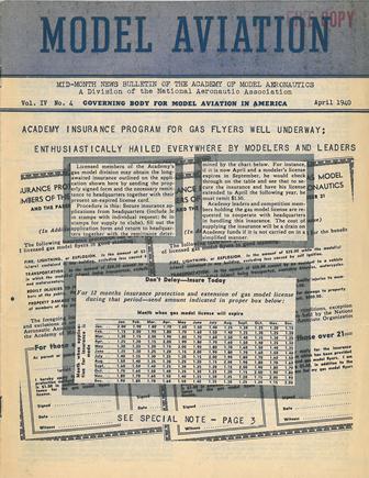 “Academy Insurance Program for Gas Flyers Well Underway!” The headline in Model Aviation for the April 1940 issue. (Source: National Model Aviation Museum Library, [“Academy Insurance Program for Gas Flyers Well Underway,” Model Aviation, Vol. IV, No. 4, April 1940, pg. 1.])