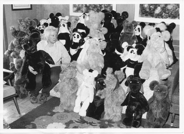 Dolly Wischer surrounded by a number of her handmade bears. (Source: National Model Aviation Museum Collection, Accession file 2010.53. Photograph provided by Bob Underwood.)