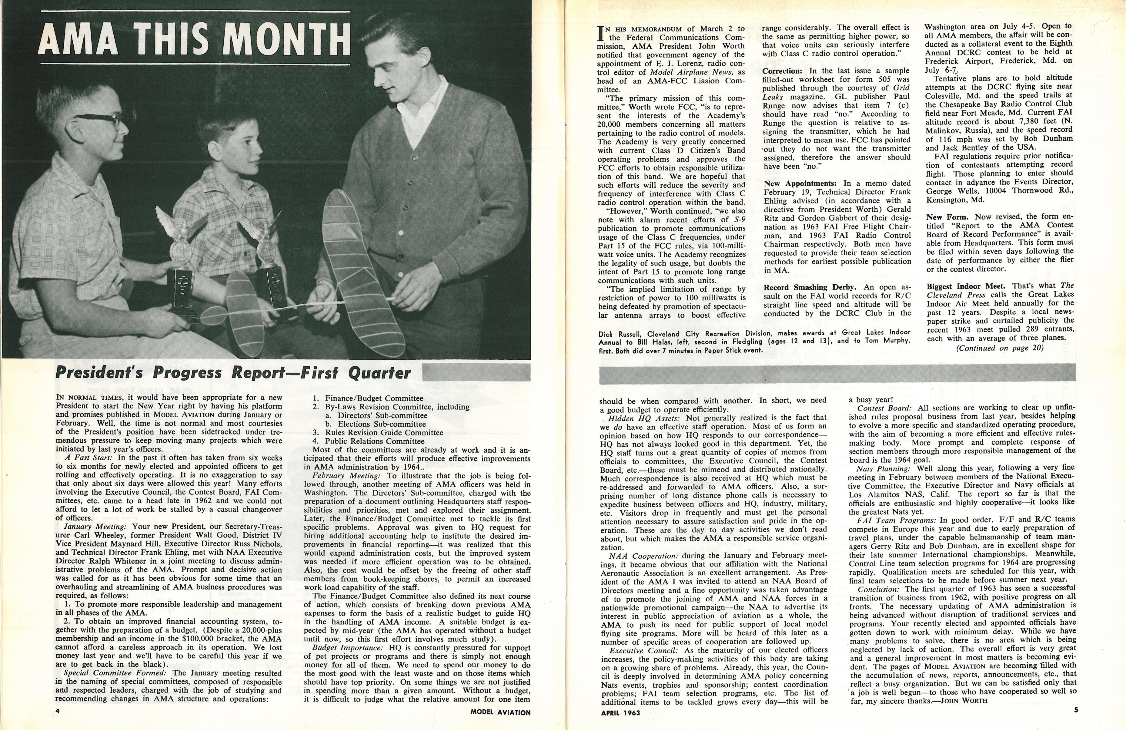 Pic 1 - John Worth relates AMA business in his first progress report as president in 1963.  (Source: National Model Aviation Museum Library [Worth, John.  “President’s Progress Report, First Quarter,” Model Aviation, vol. 22, no. 4, April 1963, pg. 4.])