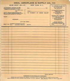 The order form and envelope for Ideal Model Airplane supplies, 1928.  (Source: National Model Aviation Museum Archives, Manufacturers and Companies Collection #0043 [How to Build and Fly Model Airplanes, Ideal Aeroplane & Supply Co., Inc., 1928.]) 
