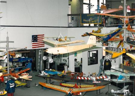 Photograph of the Reston, VA exhibits, circa 1987. (Source: National Model Aviation Museum Collection, Accession file 1987.07.  Photograph provided by the family of Dave Ritchie.)